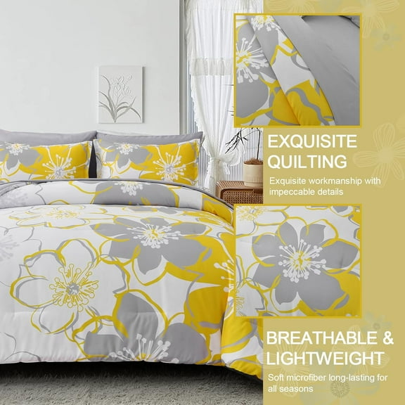 7 Pieces Yellow Floral Comforter Set Queen Size