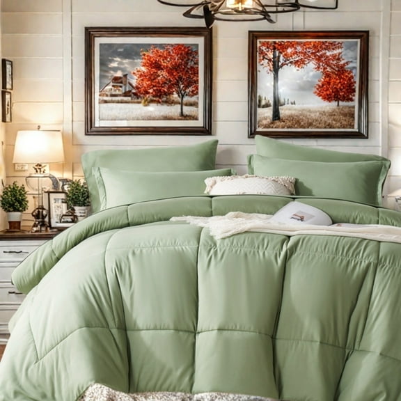 Davulos 7 Pieces King Lightweight Solid Green Comforter Set for All Seasons, Soft & Comfortable Bed in a Bag Set for Student/friends, A Cloud-Like Sleeping Space Bedding Set