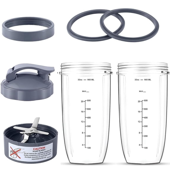 7 Pieces Blender Cups & Blade Compatible with NutriBullet 600w/900w Blender, 32oz Huge Cup with 1 Flip-Top To-Go Lid and 1 Lid Ring & Premium Extractor Blade