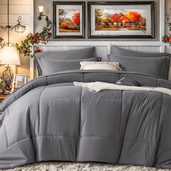 Davulos 7 Pieces Queen Lightweight Solid Dark Grey Comforter Set for All Seasons, Soft & Comfortable Bed in a Bag Set for Student/friends, A Cloud-Like Sleeping Space Bedding Set