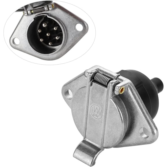 7-Pin Round Vehicle-Side Female-End Socket Replacement SAE J560 Style, Die-Cast Zinc Housing 7-Way Round Electrical Connector, Semi Truck Trailer Wiring Harness Car End - Sliver