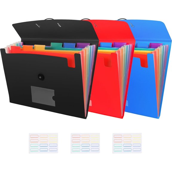 7-Pocket Expanding File 3 count, Plastic Expandable File Folder - Black&Blue&Red