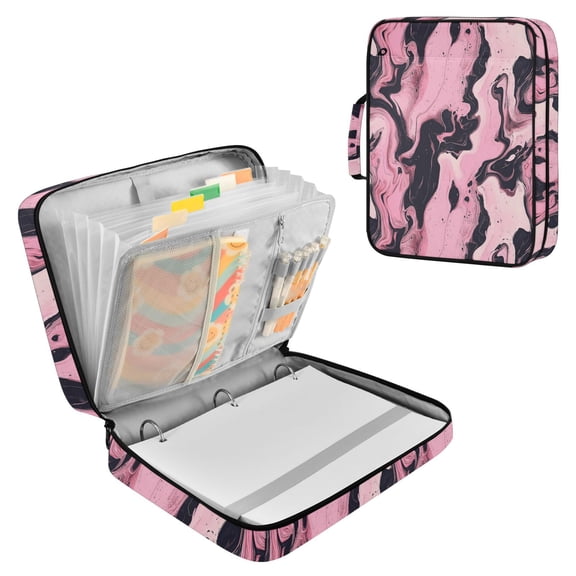 7-Pocket Expanding Filing Folder with 3-Ring Binder Portable Document Organizer Water-Resistant Binder Bag Marble Pattern Pink and Black