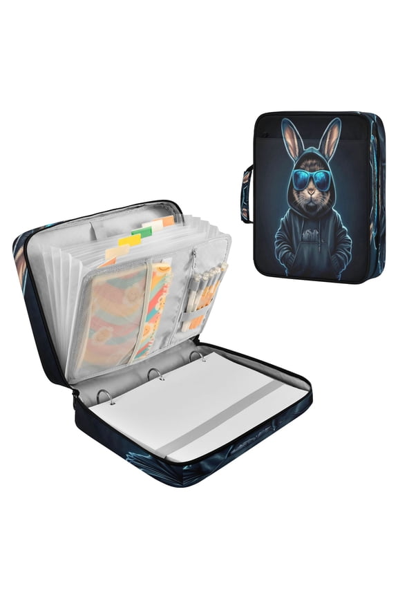 7-Pocket Expanding Filing Folder with 3-Ring Binder Portable Document Organizer Water-Resistant Binder Bag Rabbit in A Black Hoodie