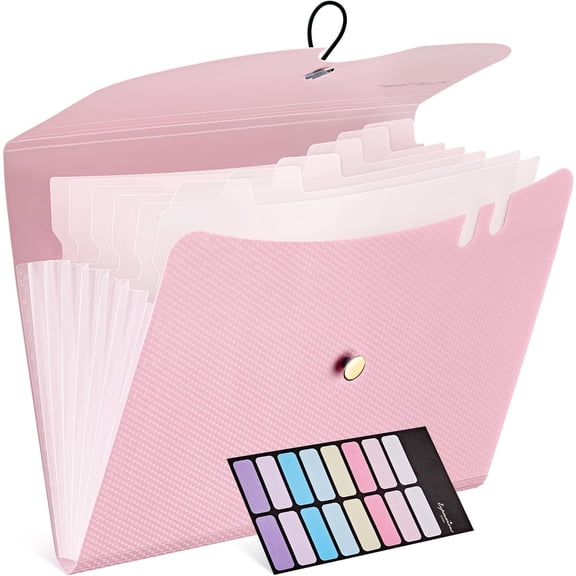 7 Pockets Expanding File Folder, A4 Size Accordion File Folders with 12 Labels, Cute Paper Organizer, Portable Document Organizer for Home College School Office Supplies, Macaron Pink