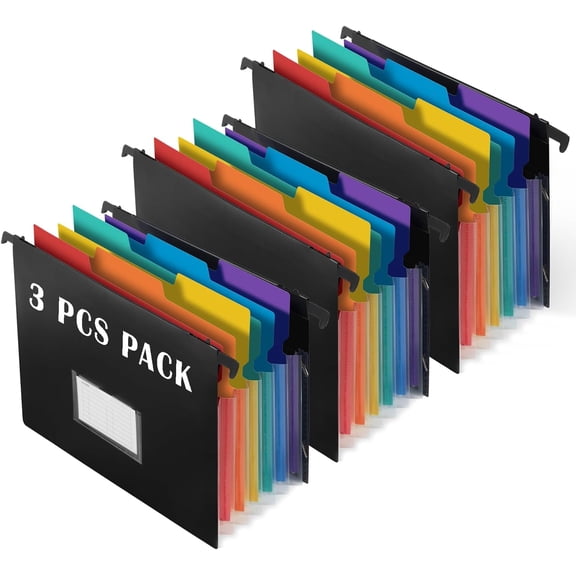 7-Pockets Hanging File Folder with Retractable Hooks for Filing Cabinet, Letter Size Expandable Accordion File Organizer with Elastic Band for File Frame or On-The-Go Use (3 Pack)