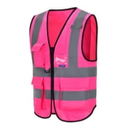 7 Pockets Pink High Visibility reflective safety vest Zipper Front Safety Vest with Reflective Tape Strips, , ANSI/ISEA Certified Class 2