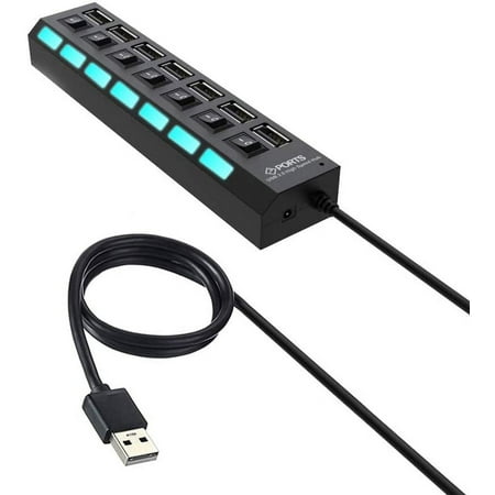 7 Port High Speed USB 2.0 Hub w/Individual Power Switches On Off and LEDs, Compatible with Laptop PC USB Flash Drive Smartphone Transfer Data Speed up to 480Mbps Supports Windows Mac OS Linux