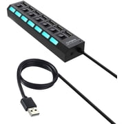 7 Port High Speed USB 2.0 Hub w/Individual Power Switches On Off and LEDs, Compatible with Laptop PC USB Flash Drive Smartphone Transfer Data Speed up to 480Mbps Supports Windows Mac OS Linux