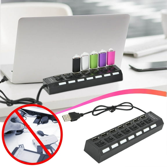 7-Port USB 2.0 Hub with Individual On/Off Switches and Dedicated Charging Port – High-Speed Data Splitter for Laptop, PC, Keyboard, Mouse, Printer and External Devices