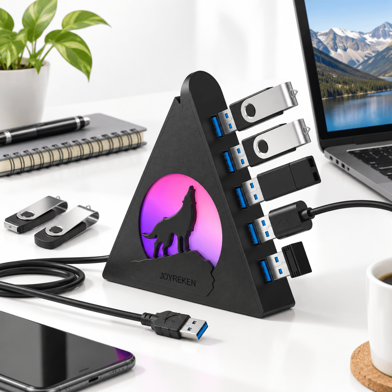 Usb B Splinter 7-Port USB 3.0 Hub 1-Black 2ft Vertical RGB Light Data Splitter ...