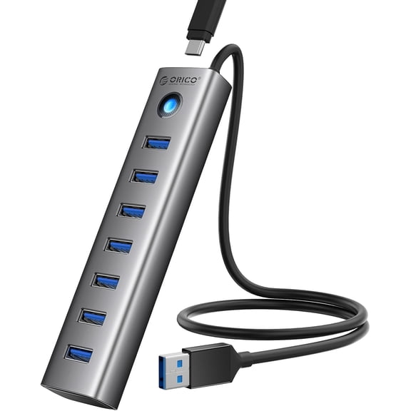 7-Port USB 3.0 Hub, Aluminum USB Multiple Adapter, 5Gbps USB Extender USB Splitter with 1.64Ft Cable, UBS-A Hub Long Cable for Desktop, PC, Flash Drive, Mobile HDD, Windows/XPS