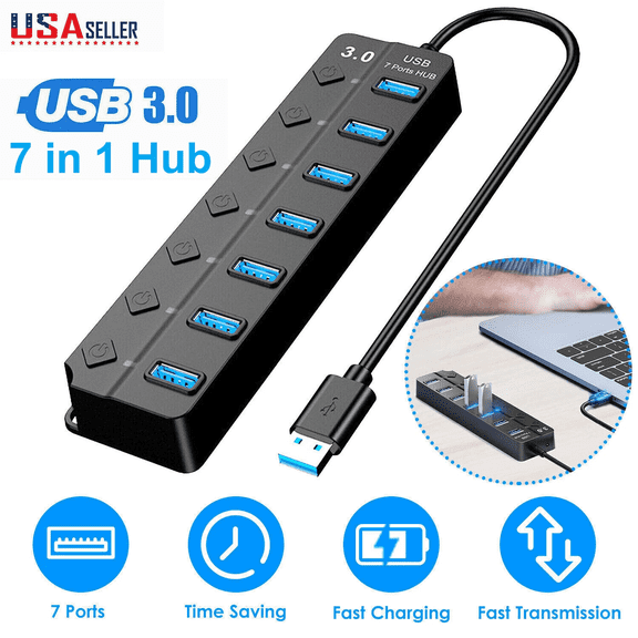 7-Port USB 3.0 Hub - High Speed Data Hub Adapter for PC Laptop Mac