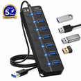 thumbnail image 1 of 7-Port USB 3.0 Hub with Individual On/Off Switches, 5Gbps High Speed USB Splitter with 3.3ft Long Cable, USB Port Expander for Laptop Desktop PC, Black, 1 of 10