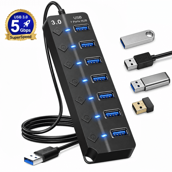 7-Port USB 3.0 Hub with Individual On/Off Switches, 5Gbps High Speed USB Splitter with 3.3ft Long Cable, USB Port Expander for Laptop Desktop PC, Black