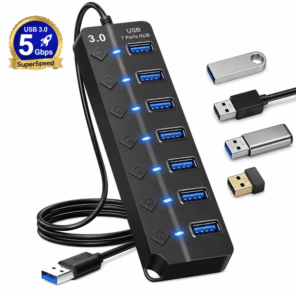 7-Port USB 3.0 Hub with Individual On/Off Switches, 5Gbps High Speed USB Splitter with 3.3ft Long Cable, USB Port Expander for Laptop Desktop PC, Black