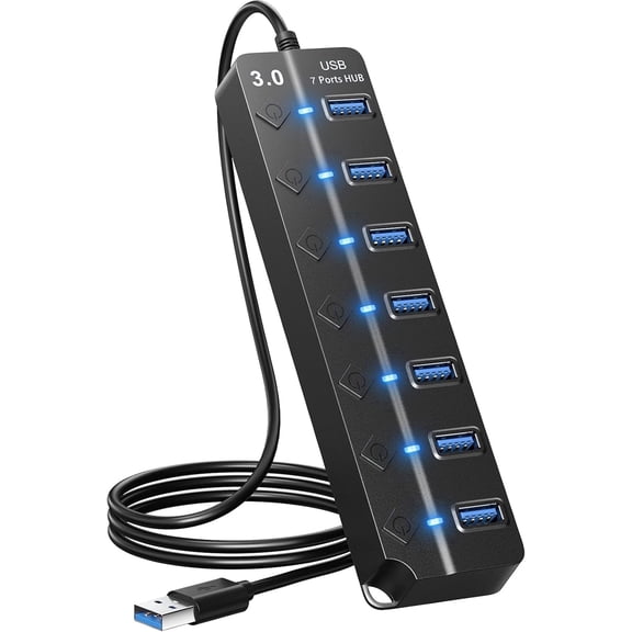 7-Port USB 3.0 Hub Multi Port USB Splitter for Laptop Desktop USB Adapter 3.9ft/1.2m Long Cable, Individual On/Off Switches and Lights for Multiple Devices, Black