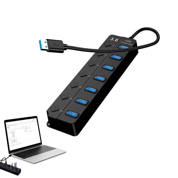 7-Port USB 3.0 Hub, Multi USB Port Hub with Individual Switches and Lights, USB Multiport Adapter Splitter, High-Speed Data Extender for PC, Laptop, Printer and More(30cm)