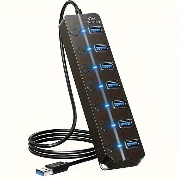 unbranded7-Port USB 3.0 Hub with On/Off Switches, 5Gbps High-Speed Data Transfer, Plug and Play for MacBook, PC, Laptop, PS5, Xbox