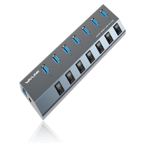 7-Port USB 3.0 Superspeed Hub with 48W Power Adapter, On/Off Switches with BC 1.2 Charging Support for Macbook, iPad, iPhone, Laptops, Tablets, Mobile HDD and more