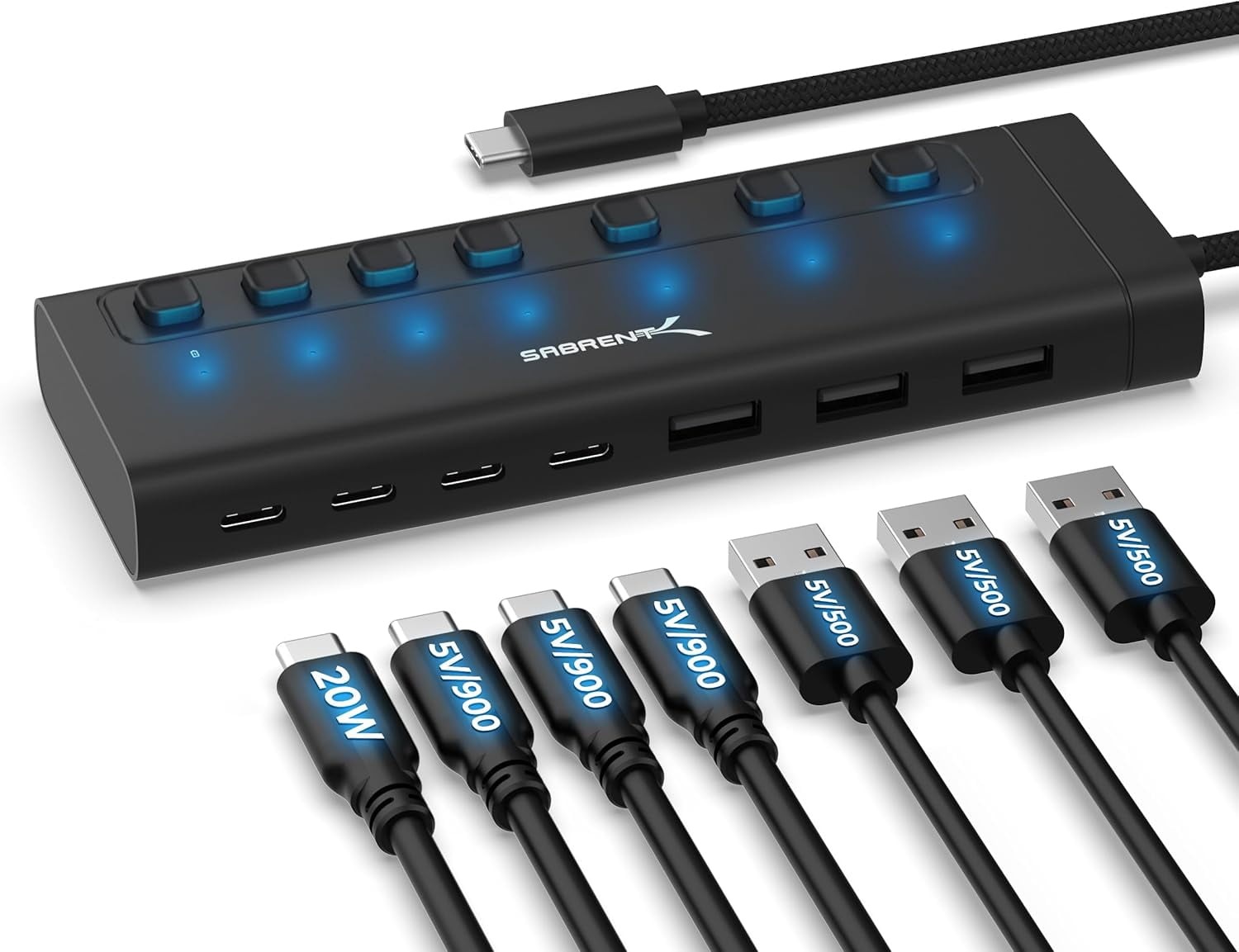 7-Port USB-C Hub with Power Switches, 5Gbps USB 3.2, 48W Powered Hub with 3 USB-A + 4 USB-C Ports, 20W PD, LED Status, Aluminum Body – for Mac, PC, Steam Deck, ROG Ally (HB-3A4C)