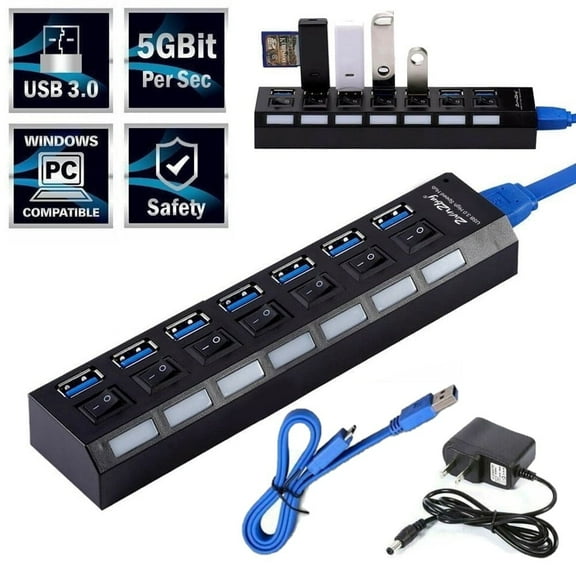 AYAMAYA 7-Port USB 3.0 High Speed Extension Charger Adapter with Cable and Plug, USB Splitter Extender with On/Off Switch & LED Light for PC/Laptop/PS4/Slim/Pro Hub