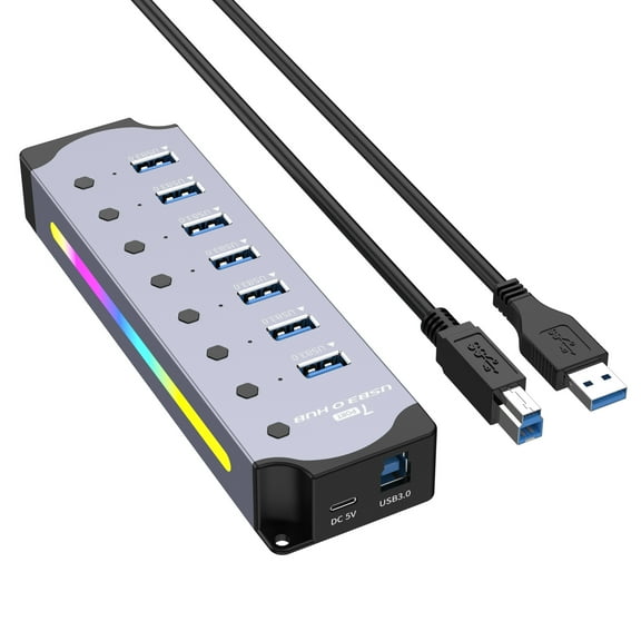 7-Port USB Hub Aluminum USB 3.0 Hub Data Transfer with Individual Switches, RGB Gaming USB Hub, External Expansion Data Hub for PC Laptop Desktop Computer
