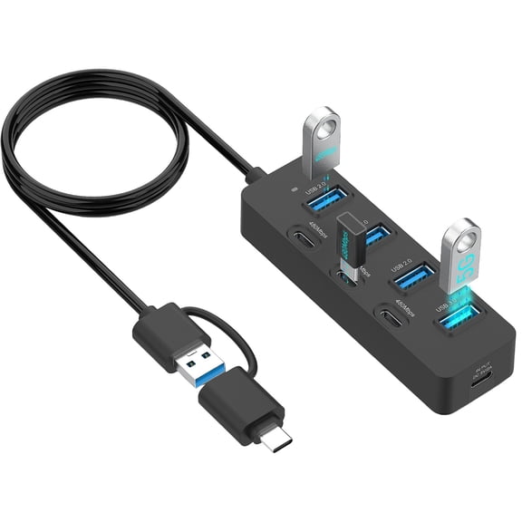 7 Port USB Hub Double USB A and C Inputs for 5Gbps High Speed Data Transfer Plug and Play