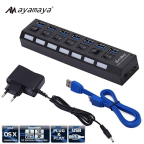 7-Port USB Hub Extender 3.0 Powered with Cable & Power Plug, AYAMAYA USB Splitter with Separate ON/OFF Switch and LED Indicators, USB Adapter for Laptop, PC MacBook Mac Pro/Mini iMac