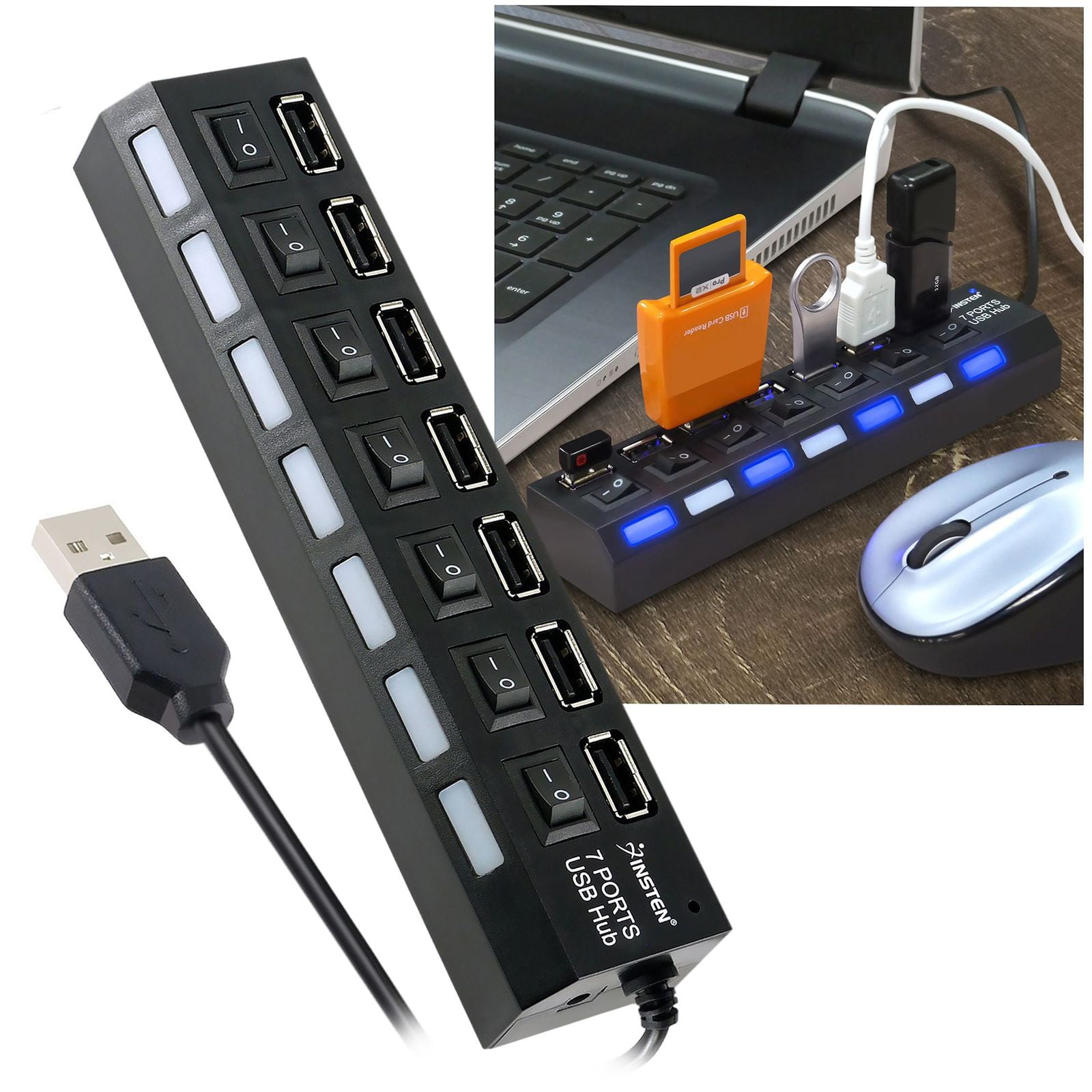 7 Port USB Hub for Laptop Computer Adapter, Multiport 2.0 Splitter with On Off Switches for Windows PC Smartphone Charging Data Transfer - Walmart.com