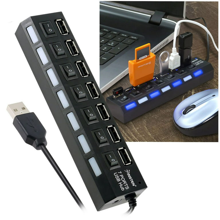 7-Port USB Hub 2.0, USB Hub USB Splitter with Individual Switches for  Laptop, Computer, Keyboard and Mouse, USB Devices (Black)
