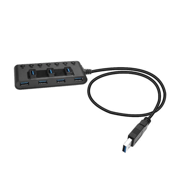 7 Port USB Hub with Separate Port Buttons, Blue LED Lights, Side Power Input and Plug and Play Desk Setup Support for Laptop and Desktop Use