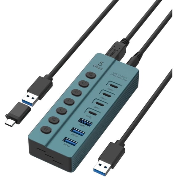 7-PortUSB 3.0 USB-C Hub, 5Gbps High - Speed Data Transfer, Switches, Wide Compatibility for Laptop, Pad, Phone, Console