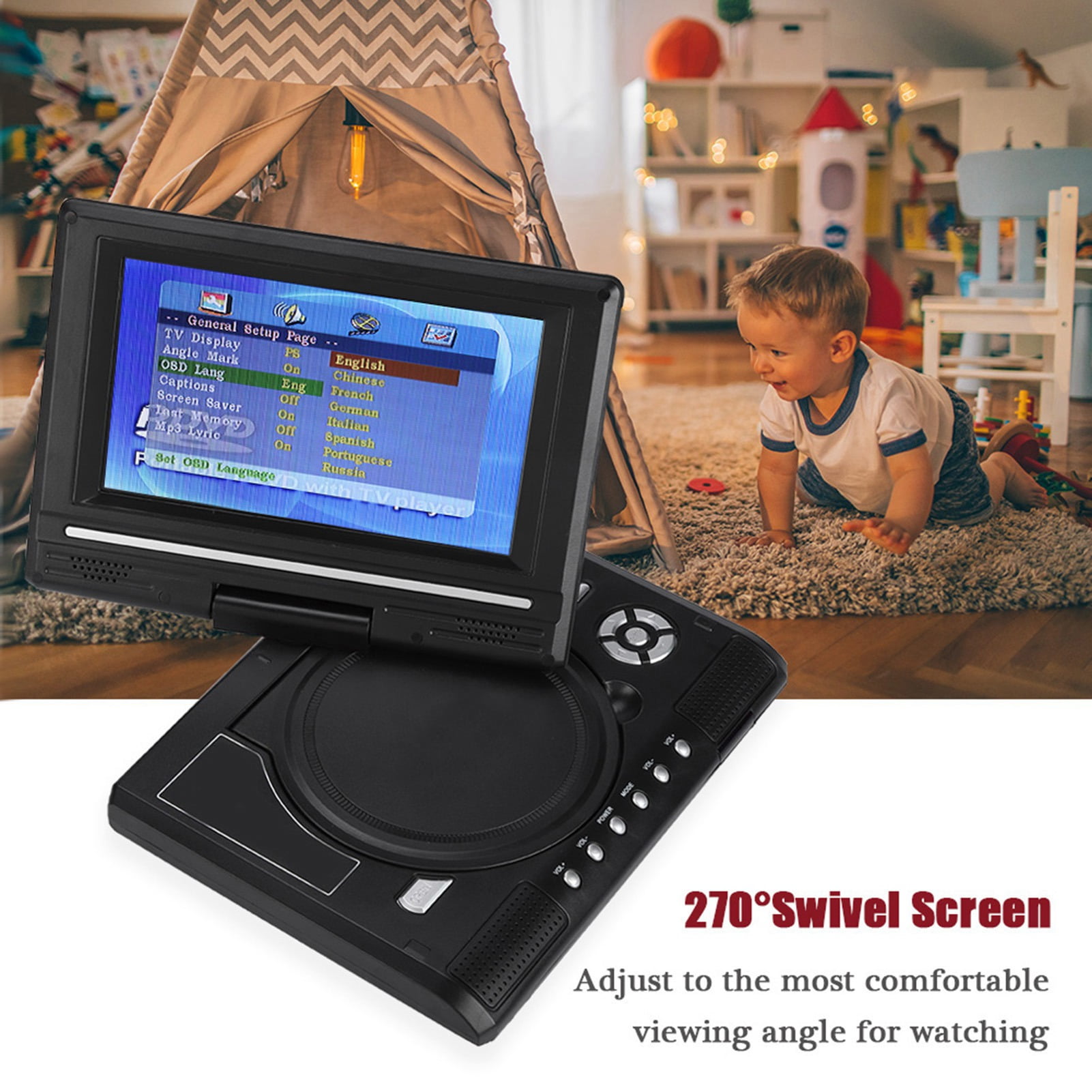 7” Portable DVD Player, Mini HD 270º 169 Screen Car Movie CD TV/Game