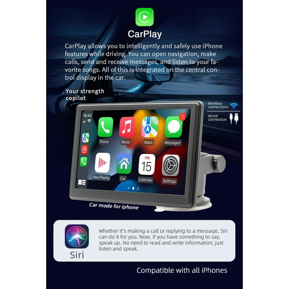 7'' Portable Wireless Apple CarPlay Android Auto Touch Screen Car Radio Stereo FM/WiFi