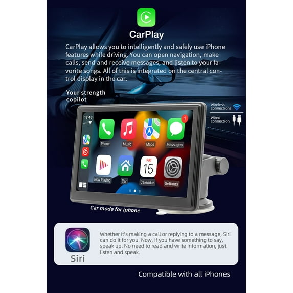 7'' Portable Wireless Apple CarPlay Android Auto Touch Screen Car Radio Stereo FM/WiFi