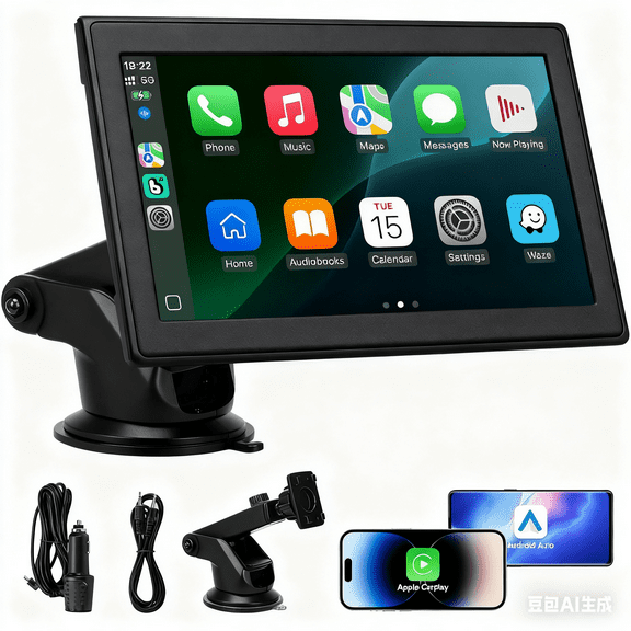 7" Portable Wireless CarPlay Screen for Car Apple CarPlay & Android Auto, HD Touch Screen Car Stereo, Bluetooth, GPS Navigation, Voice Control, Plug-and-Play with FM/AUX/Mirror Link (Black)