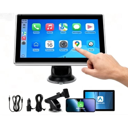 7" Portable Wireless CarPlay Screen for Car – Apple CarPlay & Android Auto, HD Touch Screen Car Stereo, Bluetooth, GPS Navigation, Voice Control, Plug-and-Play with FM/AUX/Mirror Link (Silver)