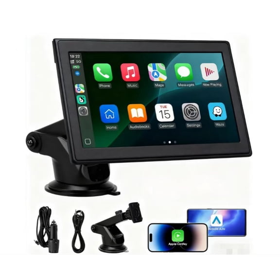 7" Portable Wireless CarPlay Screen for Car  Apple CarPlay & Android Auto, HD Touch Screen Car Stereo, Bluetooth, GPS Navigation, Voice Control, Plug-and-Play with FM/AUX/Mirror Link (Black)