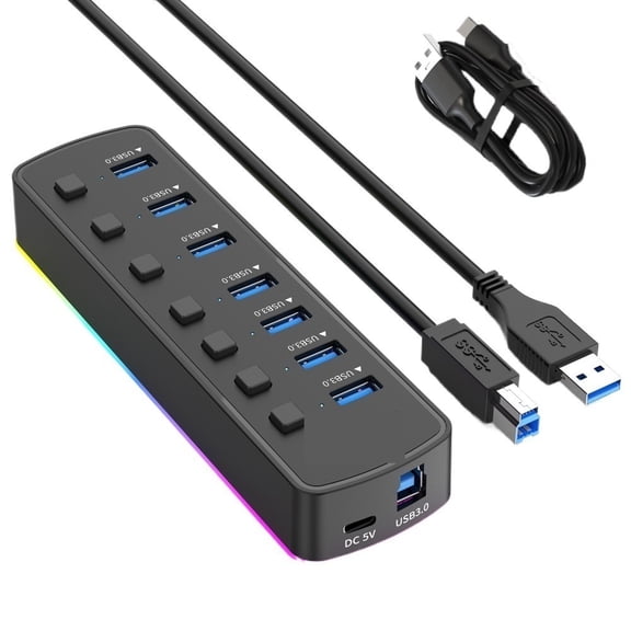 7 Ports USB 3.0 Hub 5Gbps High Speed USB Splitter Adapter Individual On Off Switch