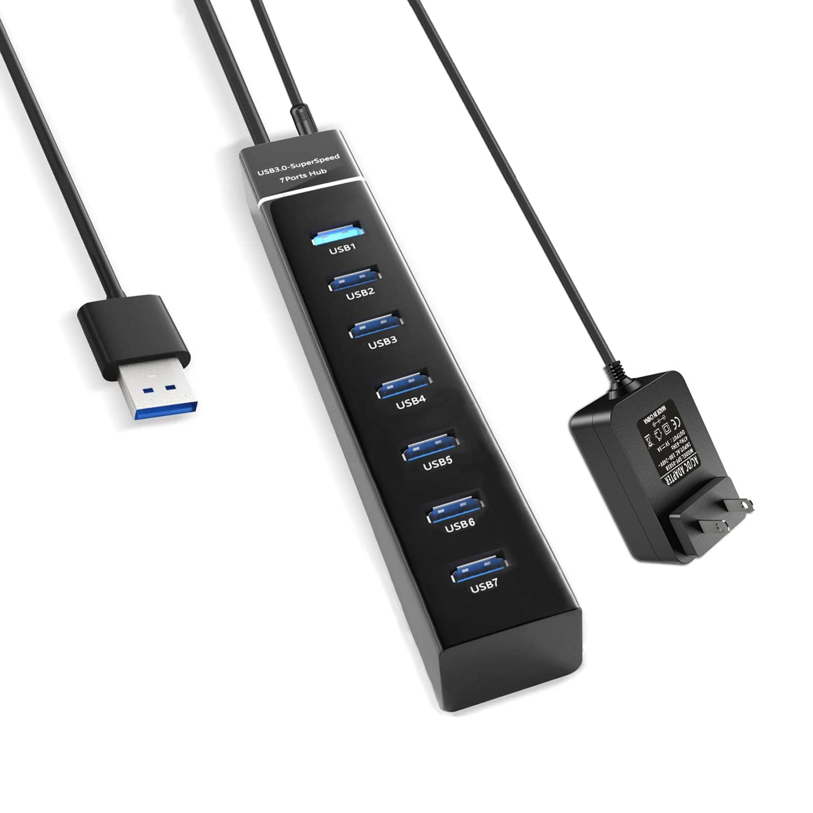 7 Ports USB 3.0 Hub with 5V/3A Power Supply Adapter for Multiple External Hard Drives, PS4, PS5