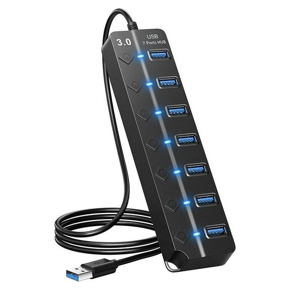 7 Ports USB Hub Splitter Multi 3.0 Adapter Several Power with Switches and Lights