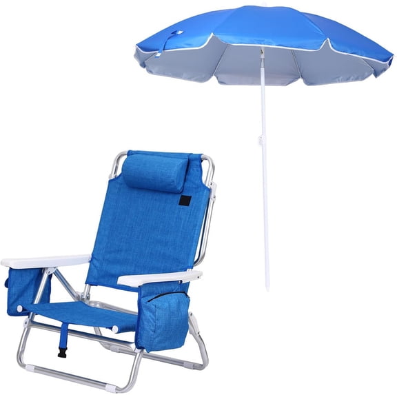 7-Position Reclining Beach Chair with Cooler, Backpack Straps, Cup Holder & Umbrella, Portable Sand Chair for Adults (1 Pack)