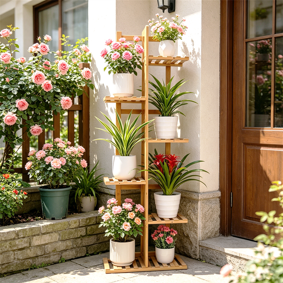 7 Pots Vertically Bamboo Plant Stand Stepped Flower Shelf Racks