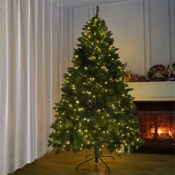 7' Pre-Lit Artificial Christmas Tree with 1906 Tips and Warm White LED Lights – Perfect for Holiday Decor