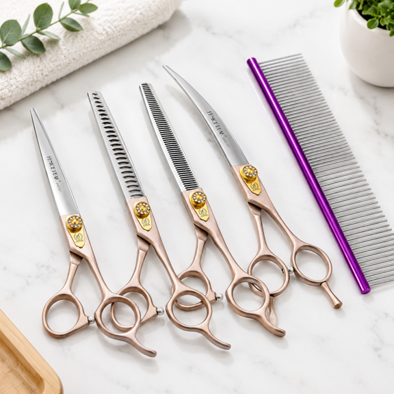 7'' Professional Dogset Rose 440c Stainless Steel Straight Thinningd Chunker Shears 4for Pet Dogs And Cats