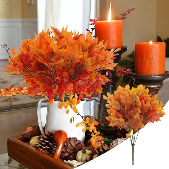 7-Pronged Artificial Autumn Maple Leaf Branch, Realistic Fall Foliage Stem, Halloween Thanksgiving Floral Arrangement Kitchen Table Centerpiece
