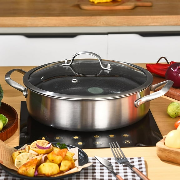 7 QT Tri-Ply Stainless Steel Non Stick Sauté Pan with Lid,12 Inch Deep Frying Pan,Large Skillet,Jumbo Cooker,Induction Compatible,Heavy Duty and Oven Safe.