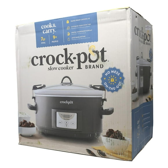 7-Quart Cook and Carry Programmable Slow Cooker, Grey, Oven-Safe Stoneware, Dishwasher-Safe, Auto-Warm Setting