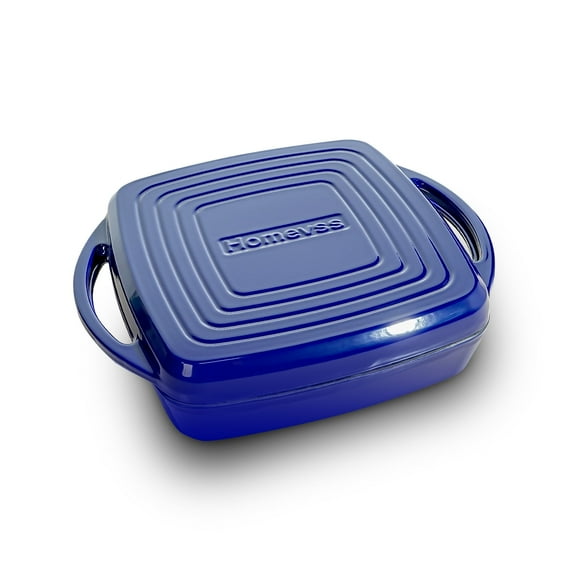 7-Quart Enameled Cast Iron Double Dutch Oven with Lid & Dual Handles – Square 2-in-1 Cookware, Doubles as Casserole Dish & Stovetop Grill Pan, Heavy-Duty, Oven & Induction Compatible, Blue